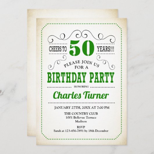 50thバースデーパーティー – レトロクリーミーホワイトとグリーン 招待状 (正面/裏面)