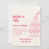50thピンクシャンパ描ンタワーフィフティ誕生日 招待状 (正面)