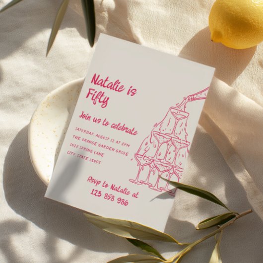 50thピンクシャンパ描ンタワーフィフティ誕生日 招待状