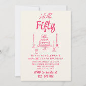 50thピンク手描きケーキこんにちは50誕生日 招待状 (正面)