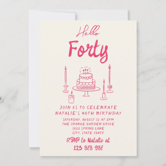 50thピンク手描きケーキこんにちは50誕生日 招待状 (正面)