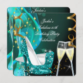50thファブラスティール(緑がかった色)グリッターハイヒール誕生日2 招待状 (正面/裏面)