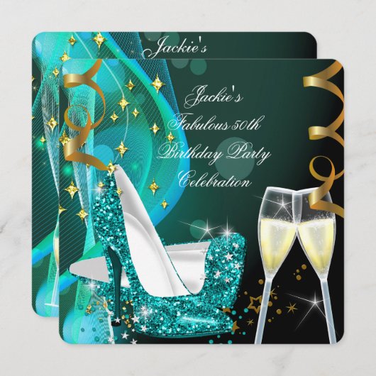 50thファブラスティール（緑がかった色）グリッターハイヒール誕生日2 招待状 (正面/裏面)