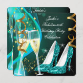 50thファブラスティール（緑がかった色）グリッターハイヒール誕生日 招待状 (正面/裏面)