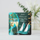 50thファブラスティール（緑がかった色）グリッターハイヒール誕生日 招待状 (スタンド正面)