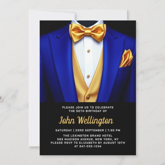 50thブルー王室のと金ゴールドタキシード誕生日イベント 招待状 (正面)