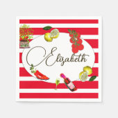 50thレモイタリアンン赤地中海の白ストライプ スタンダードカクテルナプキン (正面)