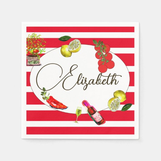 50thレモイタリアンン赤地中海の白ストライプ スタンダードカクテルナプキン (正面)