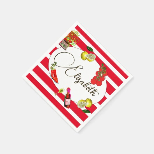 50thレモイタリアンン赤地中海の白ストライプ スタンダードカクテルナプキン (角)
