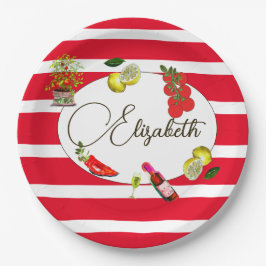 50thレモイタリアンン赤地中海の白ストライプ ペーパープレート
