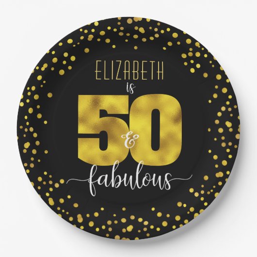 50th素晴らしい誕生日ブラック金ゴールドフォイルドックスグラム ペーパープレート (正面)