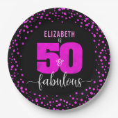 50th素晴らしい誕生日ホットピンクグレームドットブラック ペーパープレート (正面)