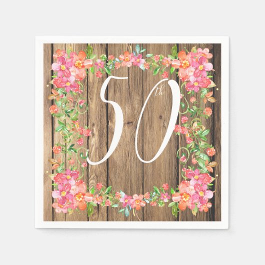 50th素朴な木納屋の誕生日フローラガーデンパーティー スタンダードカクテルナプキン (正面)
