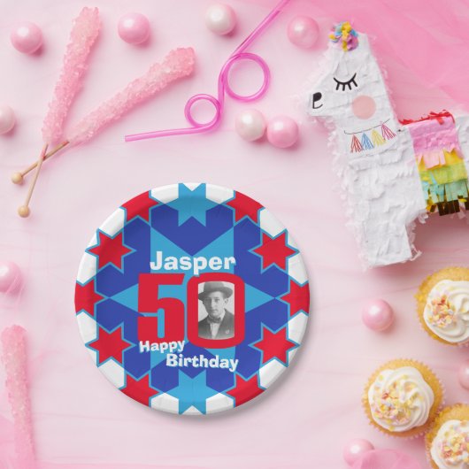 50th誕生日の写真名blue star紙プレート ペーパープレート (パーティー)