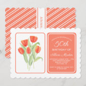 50th誕生日エレガントレッドチューリップフローラ 招待状 (正面/裏面)