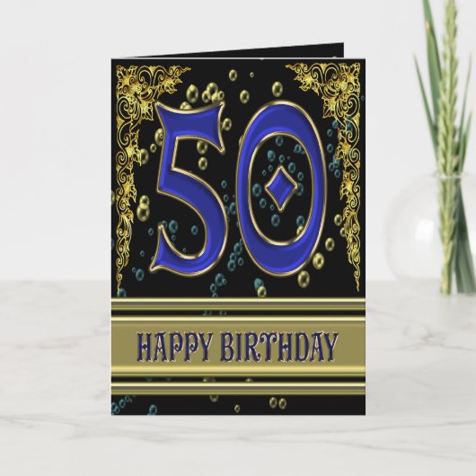 50th誕生日カード(金ゴールドとバブル) カード (正面)