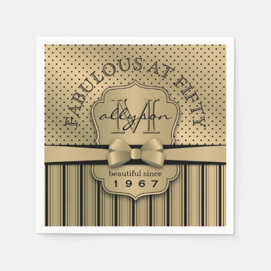 50th誕生日シャンパン金ゴールド水玉模様ストライプズボウ スタンダードカクテルナプキン (正面)