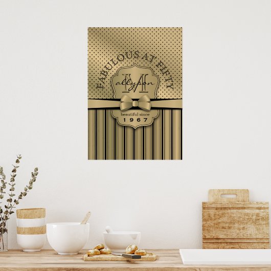 50th誕生日シャンパン金ゴールド水玉模様ストライプズボウ ポスター (キッチン)