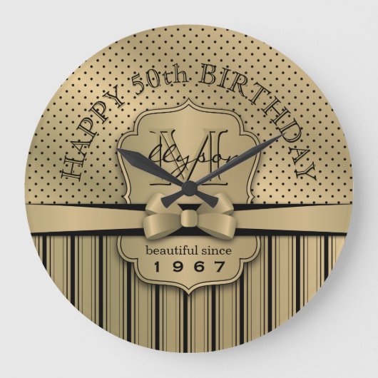 50th誕生日シャンパン金ゴールド水玉模様ストライプズボウ ラージ壁時計 (正面)