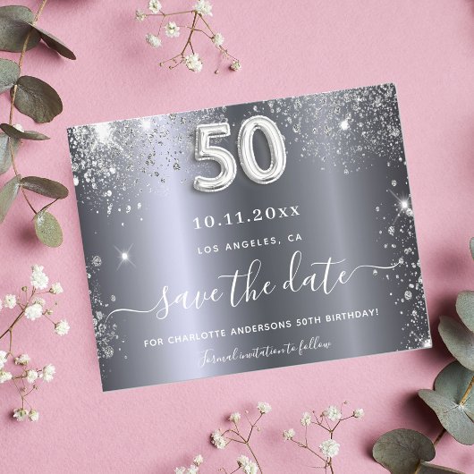 50th誕生日シルバーグリッター予算の日付を保存 チラシ