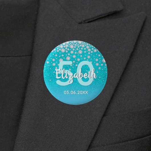 50th誕生日ダイヤモンドグリッターティール(緑がかった色)ブルー 缶バッジ