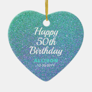 50th誕生日ティール(緑がかった色)ブルーグリッターパーソナライズされ セラミックオーナメント