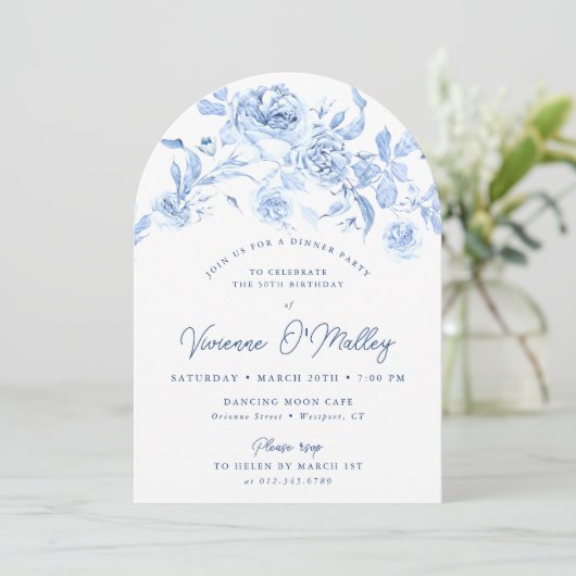 50th誕生日ディナーパーティーブルーフローラアーチ 招待状 (スタンド正面)