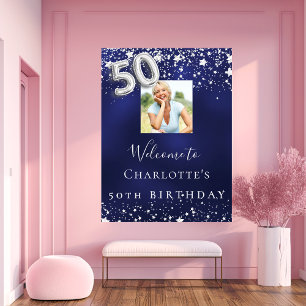 50th誕生日ネイビーブルーシルバースターズ写真ようこそ ポスター