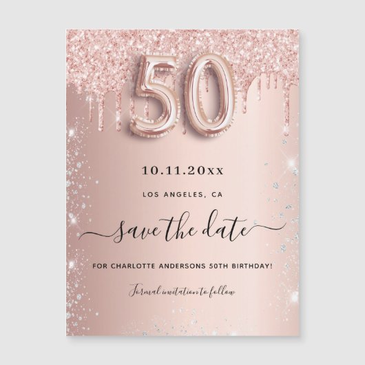 50th誕生日バラグリッター日付磁石を保存 (正面)