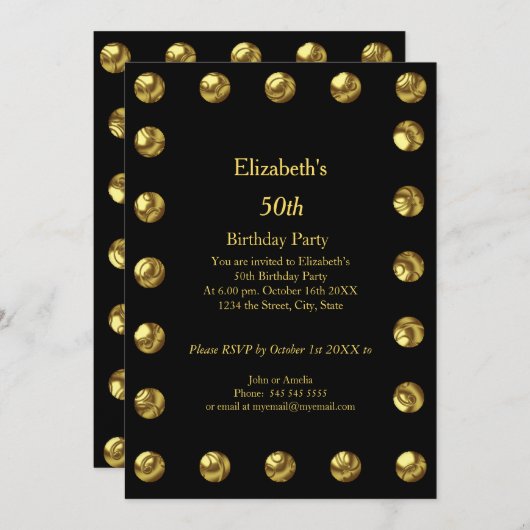 50th誕生日パーティブラック金ゴールド任意の年齢 招待状 (正面/裏面)