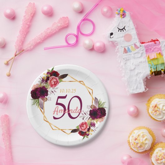 50th誕生日パーティブルゴーニュ花模様金ゴールドホワイト ペーパープレート (パーティー)