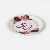 50th誕生日パーティブルゴーニュ花模様金ゴールドホワイト ペーパープレート (アングル)