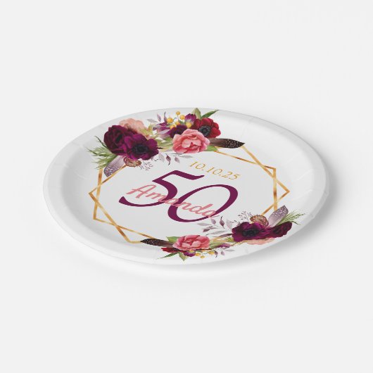 50th誕生日パーティブルゴーニュ花模様金ゴールドホワイト ペーパープレート (アングル)