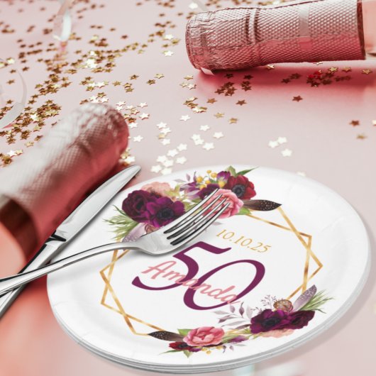 50th誕生日パーティブルゴーニュ花模様金ゴールドホワイト ペーパープレート