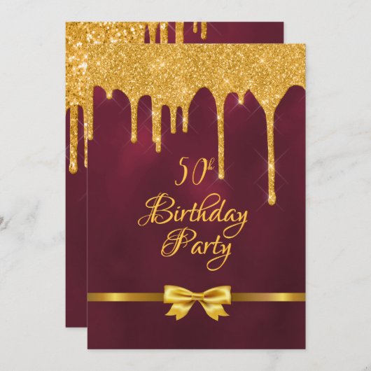 50th誕生日パーティブルゴーニュ金ゴールドボウグリッタードリップ 招待状 (正面/裏面)