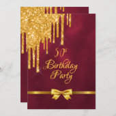 50th誕生日パーティブルゴーニュ金ゴールドボウグリッタードリップ 招待状 (正面/裏面)