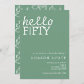 50th誕生日パーティーこんにちは50モダンセージ緑 招待状 (正面/裏面)