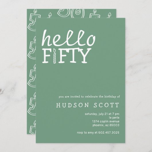 50th誕生日パーティーこんにちは50モダンセージ緑 招待状 (正面/裏面)