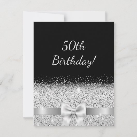 50th誕生日パーティーの招待ブラックシルバーボウ 招待状 (正面)