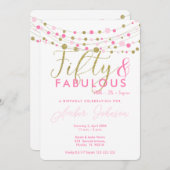 50th誕生日パーティーの招待状、ピンクと金ゴールド 招待状 (正面/裏面)