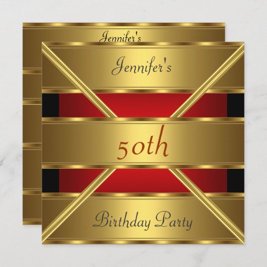 50th誕生日パーティーの招待金ゴールド赤 招待状 (正面/裏面)