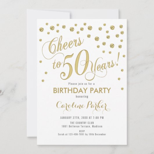 50th誕生日パーティーの招待 – 金ゴールドホワイト 招待状 (正面)