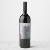 50th誕生日パーティーシルバーグリッタードリップ花模様 ワインラベル (正面)