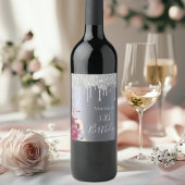 50th誕生日パーティーシルバーグリッタードリップ花模様 ワインラベル