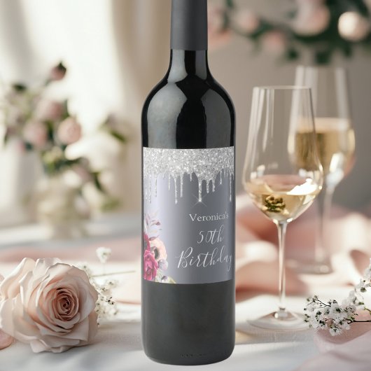 50th誕生日パーティーシルバーグリッタードリップ花模様 ワインラベル