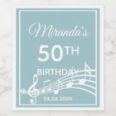 50th誕生日パーティーティール（緑がかった色）ミュージックノート名 ワインラベル (シングルラベル)
