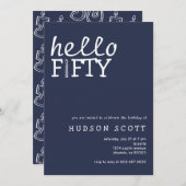 50th誕生日パーティーハローフィフティモダンビーブルー 招待状 (正面/裏面)