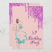 50th誕生日パーティーバラ金ゴールドグリッタードリップドレス 招待状 (正面/裏面)