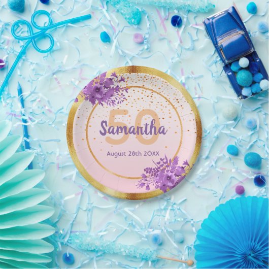 50th誕生日パーティーバラ金ゴールド花模様名 ペーパープレート (パーティー)