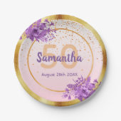 50th誕生日パーティーバラ金ゴールド花模様名 ペーパープレート (正面)